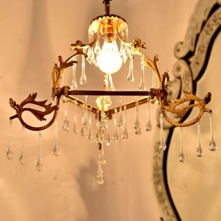 Vintage Italian Style Brass Enameled Chandelier with Clear Glass Teardrops